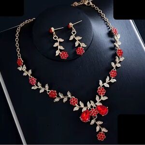Elegant Red Floral Necklace and Earring Set